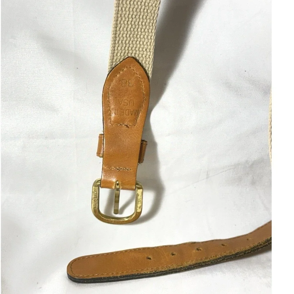 Vintage ZEP-PRO Sailboats Cream Cotton Brown Leather Brass Buckle Belt 38 USA